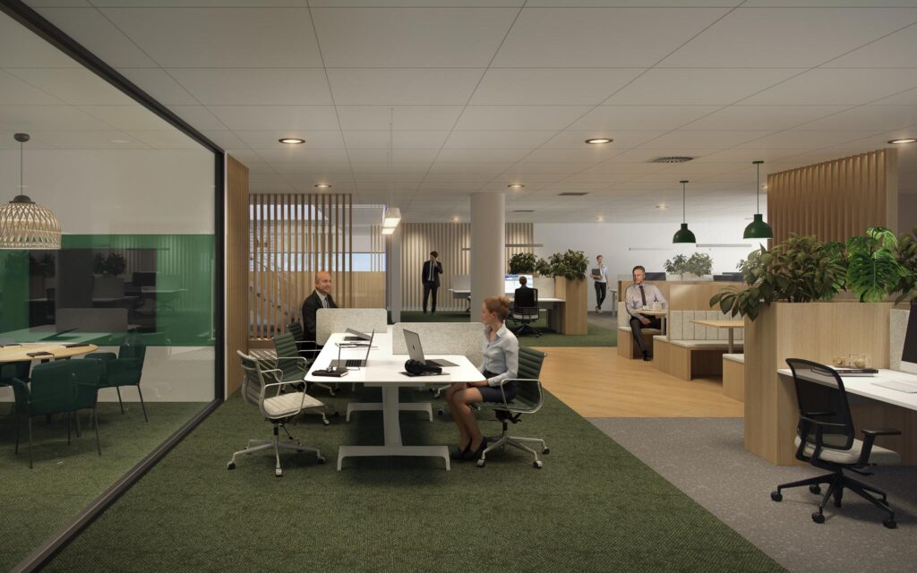 Modern open-plan office interior on Prof. E.M. Meijerslaan with people working at desks and in meeting areas.